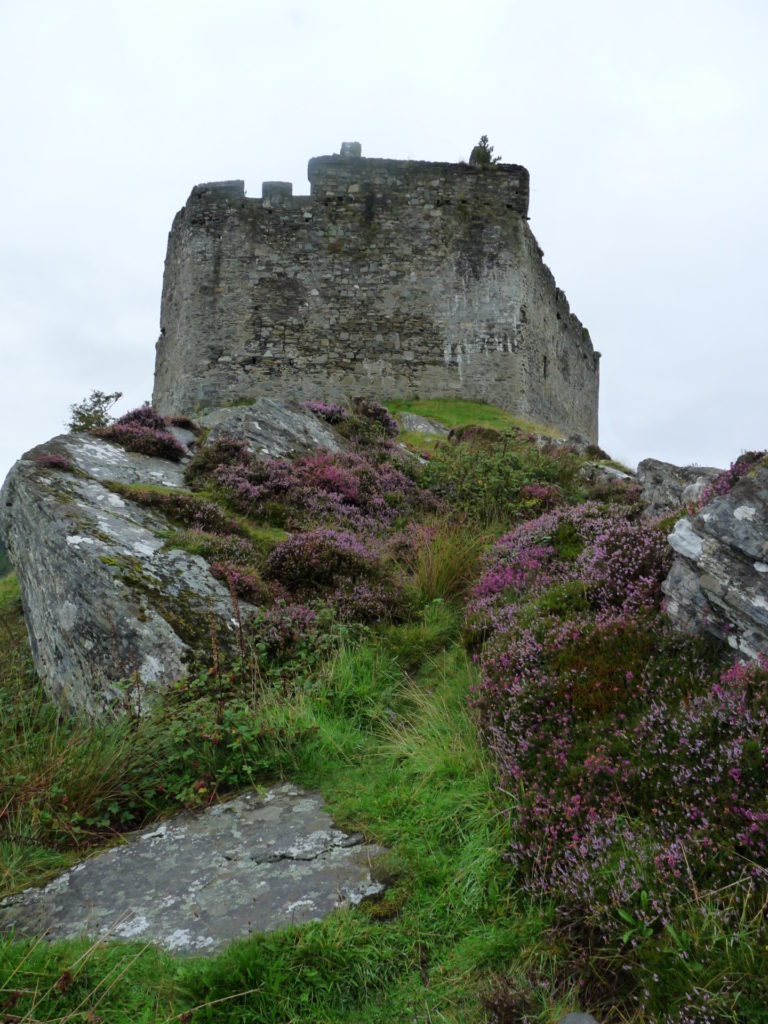 Castle Tioram atop a rocky crag with purple heather